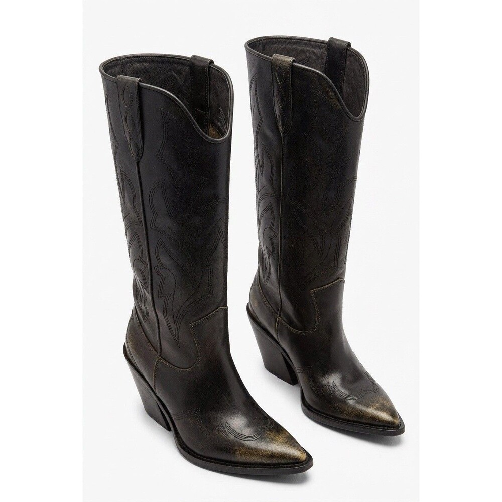 NWT Zara Black Embroidered Cowboy Boots Pointed Toe Western Knee High US 9 EU 40